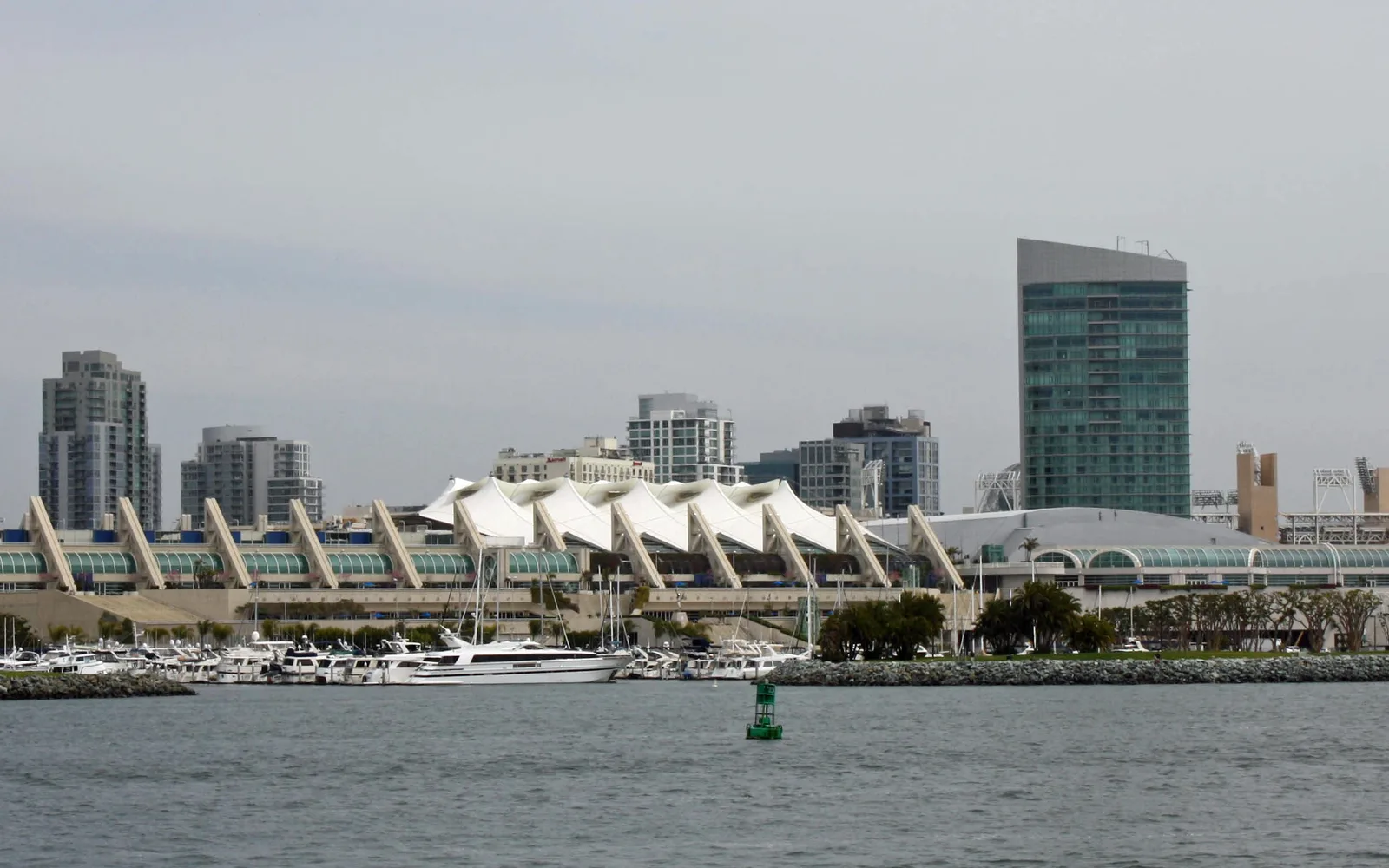 The San Diego Convention Center, venue for Comic-Con International, with its distinctive white sails against the San Diego waterfront